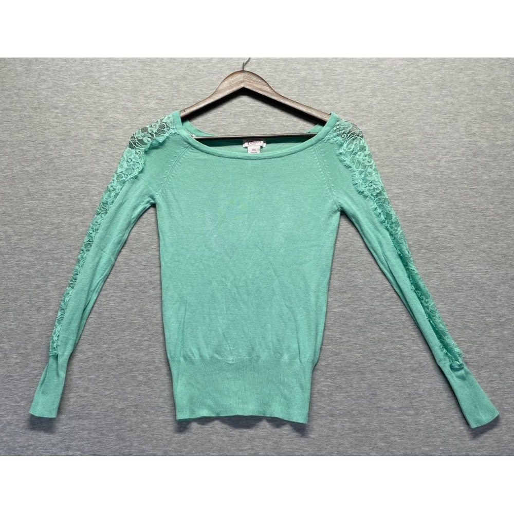 Candie's Sweater Womens XS Mint Green Rayon Floral Lace Panel Tight Knit Ribbed